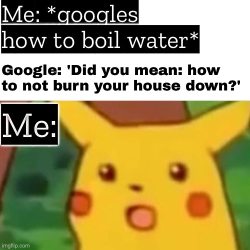 Me: *googles how to boil water* | Me: *googles how to boil water*; Google: 'Did you mean: how to not burn your house down?'; Me: | image tagged in memes,surprised pikachu,water,google,google search,burn | made w/ Imgflip meme maker