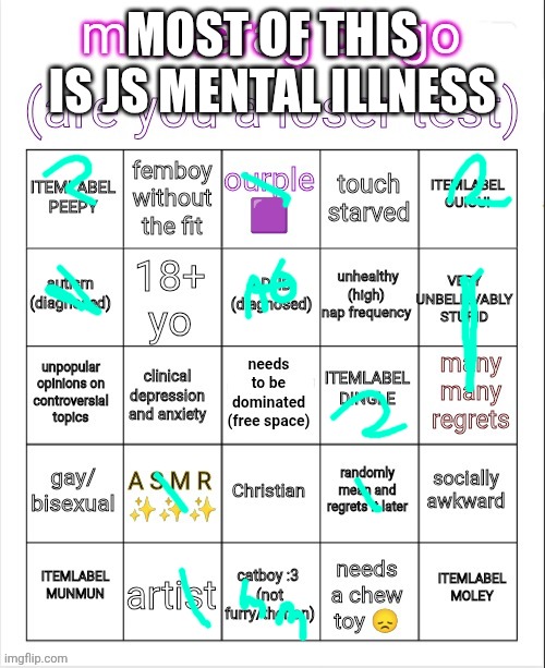 memerag loser bingo | MOST OF THIS IS JS MENTAL ILLNESS | image tagged in memerag loser bingo | made w/ Imgflip meme maker