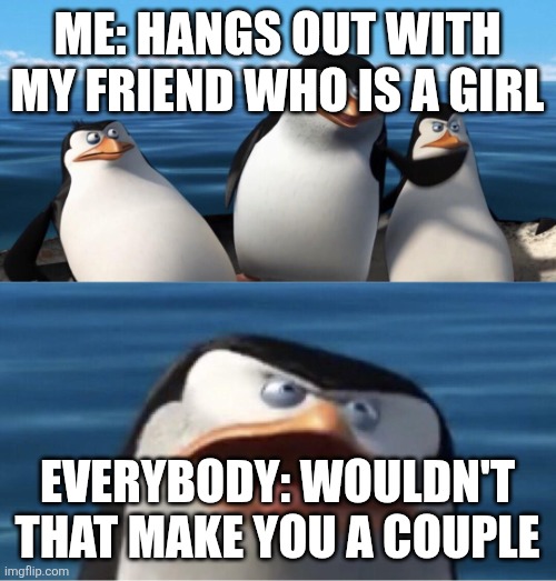 Wouldn't that make you | ME: HANGS OUT WITH MY FRIEND WHO IS A GIRL; EVERYBODY: WOULDN'T THAT MAKE YOU A COUPLE | image tagged in wouldn't that make you | made w/ Imgflip meme maker