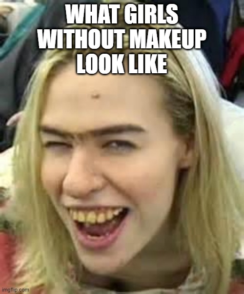 ugly girl | WHAT GIRLS
WITHOUT MAKEUP
LOOK LIKE | image tagged in ugly girl | made w/ Imgflip meme maker