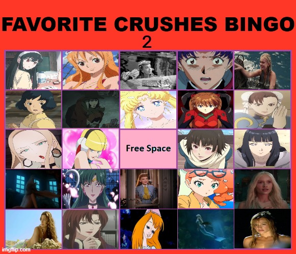 favorite crushes bingo 2 | 2 | image tagged in favorite crushes bingo,favorites,anime,video games,movies,oh it's beautiful | made w/ Imgflip meme maker