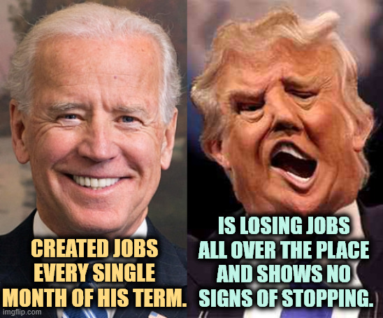 Biden delivered. Trump just brags. | IS LOSING JOBS 
ALL OVER THE PLACE 
AND SHOWS NO 
SIGNS OF STOPPING. CREATED JOBS EVERY SINGLE MONTH OF HIS TERM. | image tagged in biden solid stable trump acid drugs,biden,jobs,employment,trump,unemployment | made w/ Imgflip meme maker