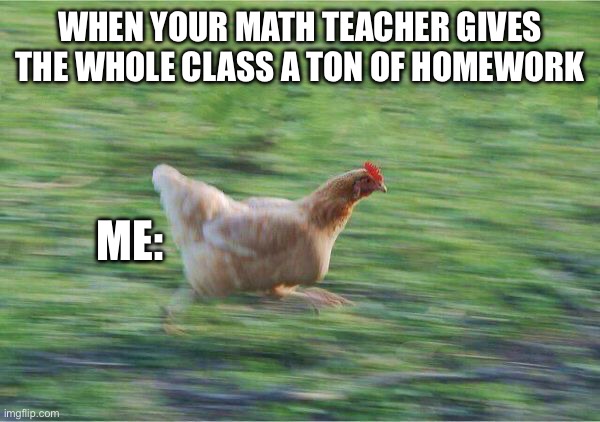 Math hw sucks | WHEN YOUR MATH TEACHER GIVES THE WHOLE CLASS A TON OF HOMEWORK; ME: | image tagged in gtg chicken | made w/ Imgflip meme maker
