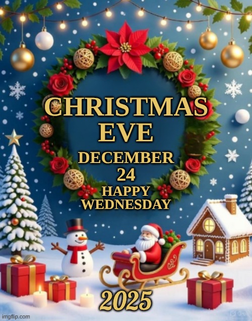 Christmas Eve 2025 | CHRISTMAS; EVE; DECEMBER; HAPPY; 24; WEDNESDAY; 2025 | image tagged in christmas eve,christmas,merry christmas | made w/ Imgflip meme maker