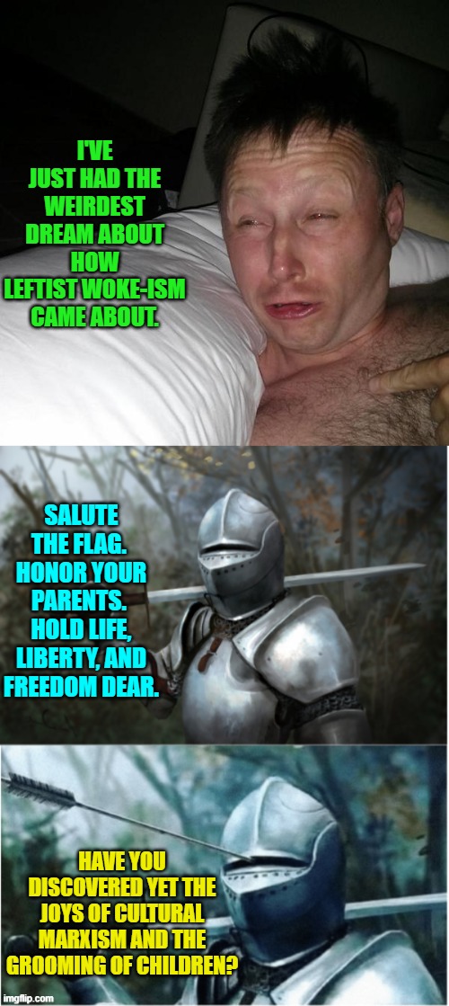 Now it all makes sense. | I'VE JUST HAD THE WEIRDEST DREAM ABOUT HOW LEFTIST WOKE-ISM CAME ABOUT. SALUTE THE FLAG.  HONOR YOUR PARENTS.  HOLD LIFE, LIBERTY, AND FREEDOM DEAR. HAVE YOU DISCOVERED YET THE JOYS OF CULTURAL MARXISM AND THE GROOMING OF CHILDREN? | image tagged in limmy waking up | made w/ Imgflip meme maker