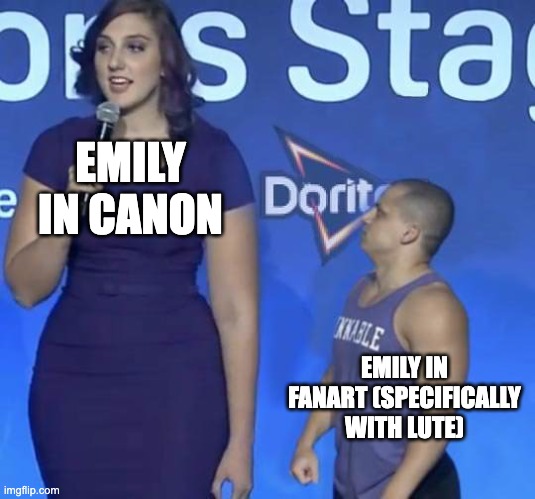 Just something I noticed | EMILY IN CANON; EMILY IN FANART (SPECIFICALLY WITH LUTE) | image tagged in tyler1 meme,hazbin hotel | made w/ Imgflip meme maker