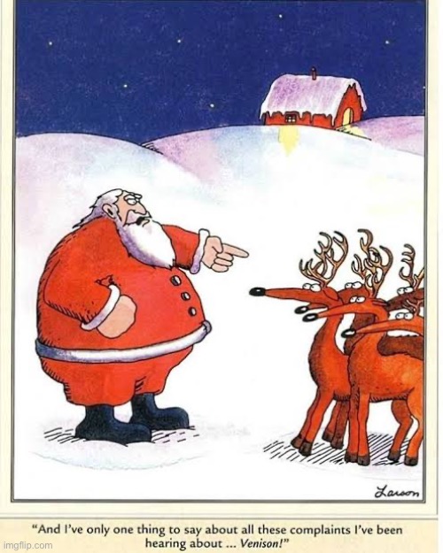 Santa keeping his team in line… | image tagged in the far side,comics,santa claus,reindeer,threats,venison | made w/ Imgflip meme maker