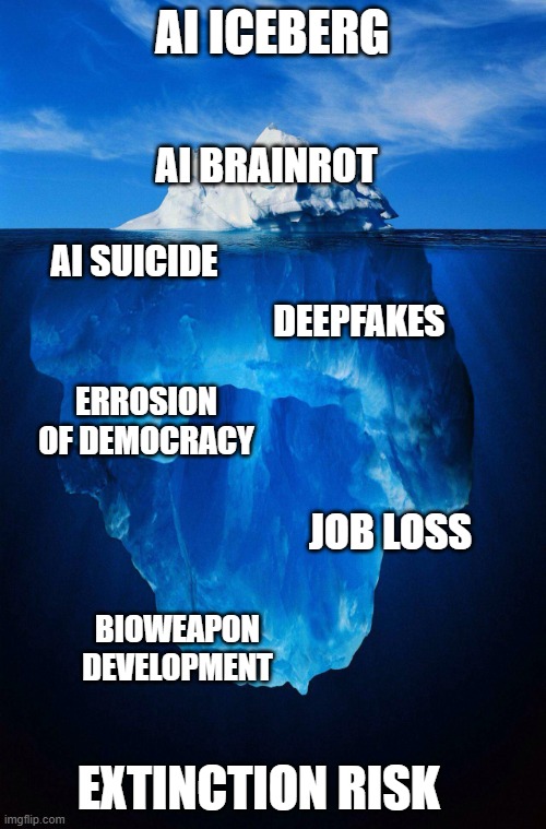 Most people only scratch the surface of issues with AI | AI ICEBERG; AI BRAINROT; AI SUICIDE; DEEPFAKES; ERROSION OF DEMOCRACY; JOB LOSS; BIOWEAPON DEVELOPMENT; EXTINCTION RISK | image tagged in iceberg | made w/ Imgflip meme maker