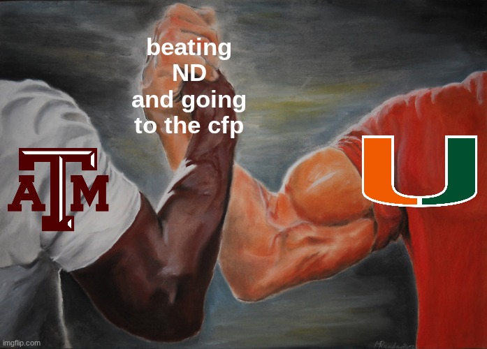 Notre Dame football meme | beating ND and going to the cfp | image tagged in memes,epic handshake,notre dame,college football,football,miami | made w/ Imgflip meme maker