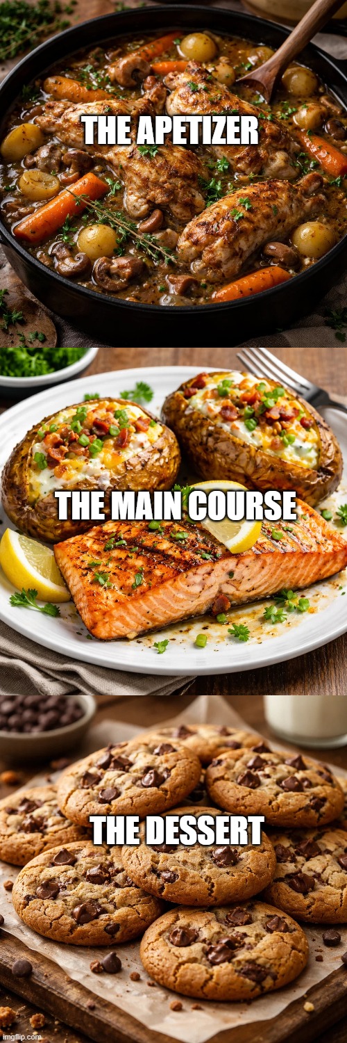 A three-course dinner meal idea... | THE APETIZER; THE MAIN COURSE; THE DESSERT | image tagged in artificial intelligence,cooking,delicious,meals | made w/ Imgflip meme maker