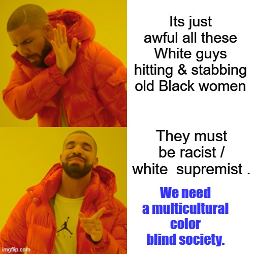 I don't see color white libs say, but it seems the criminals do. | Its just awful all these White guys hitting & stabbing old Black women; They must be racist / white  supremist . We need a multicultural color blind society. | image tagged in memes,drake hotline bling | made w/ Imgflip meme maker