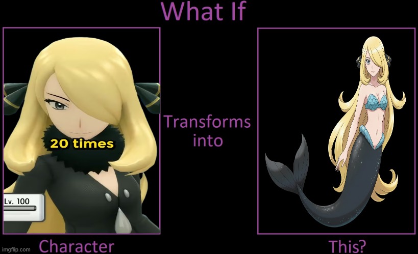what if cynthia transforms into a mermaid ? | image tagged in what if this character transforms into this blank,the little mermaid,pokemon,video games,merfolk,cynthia | made w/ Imgflip meme maker