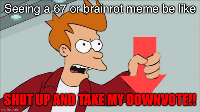 Shut Up and Take My Downvote | Seeing a 67 or brainrot meme be like; SHUT UP AND TAKE MY DOWNVOTE!! | image tagged in shut up and take my downvote,i hate it when | made w/ Imgflip meme maker