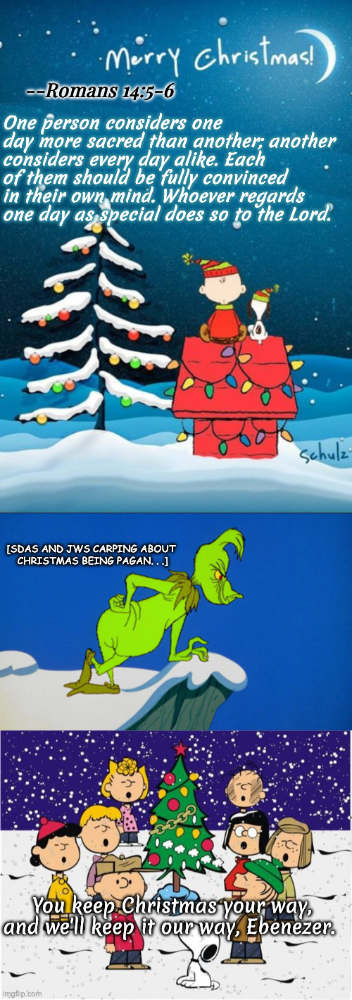 One person considers one day more sacred than another; another considers every day alike. Each of them should be fully convinced in their ow | image tagged in charlie brown and snoopy,grinch,merry christmas | made w/ Imgflip meme maker