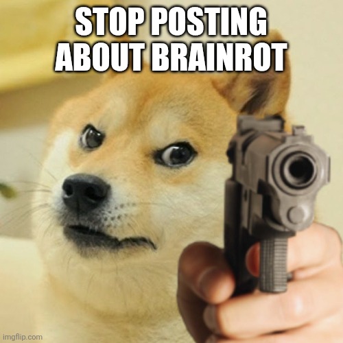 Doge holding a gun | STOP POSTING ABOUT BRAINROT | image tagged in doge holding a gun | made w/ Imgflip meme maker