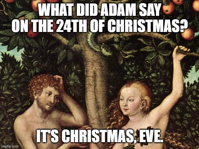 Daily Bad Dad Joke December 24, 2025 | WHAT DID ADAM SAY ON THE 24TH OF CHRISTMAS? IT'S CHRISTMAS, EVE. | image tagged in adam and eve | made w/ Imgflip meme maker