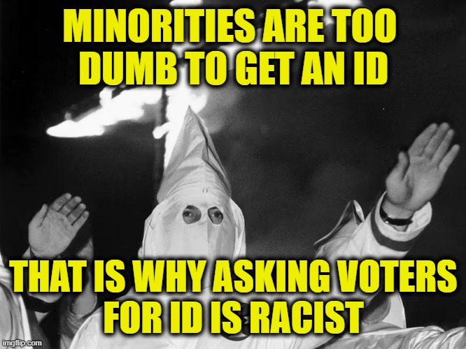 More Democrat Logic | MINORITIES ARE TOO 
DUMB TO GET AN ID; THAT IS WHY ASKING VOTERS
FOR ID IS RACIST | image tagged in democrats | made w/ Imgflip meme maker