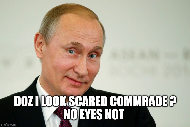 Sarcastic Putin | DOZ I LOOK SCARED COMMRADE ?
NO EYES NOT | image tagged in sarcastic putin | made w/ Imgflip meme maker
