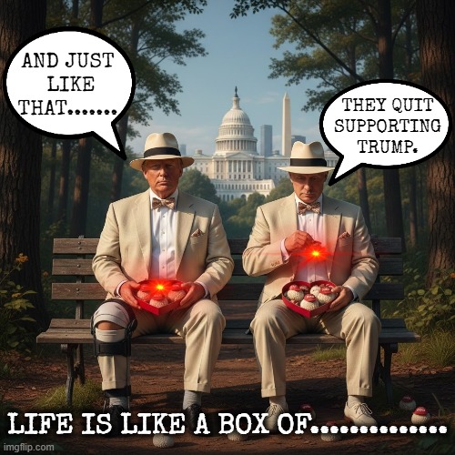 Life is like a box of.............. | AND JUST
 LIKE THAT....... THEY QUIT SUPPORTING TRUMP. LIFE IS LIKE A BOX OF.............. | image tagged in forrest gump box of chocolates,forrest gump,trump,putin,and just like that,life is like | made w/ Imgflip meme maker