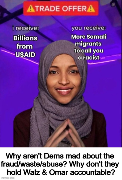 Bad deal for Americans | Why aren't Dems mad about the 
fraud/waste/abuse? Why don't they 
hold Walz & Omar accountable? | image tagged in omar,minnesota,corruption,theft,disgusting,government corruption | made w/ Imgflip meme maker