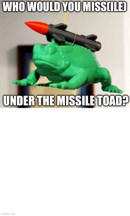 Missile Toad (add a user you’d missile under the toad) | WHO WOULD YOU MISS(ILE); UNDER THE MISSILE TOAD? | image tagged in missile,toad,mistletoe,miss you,miss | made w/ Imgflip meme maker