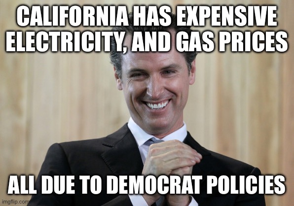 Scheming Gavin Newsom  | CALIFORNIA HAS EXPENSIVE ELECTRICITY, AND GAS PRICES ALL DUE TO DEMOCRAT POLICIES | image tagged in scheming gavin newsom | made w/ Imgflip meme maker
