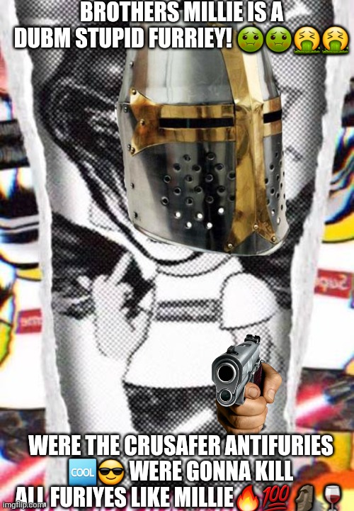 CRUSADER BROT3R5 W3 W1LL K1LL ALL FURR1ES!! (Satire please don't take down) | BROTHERS MILLIE IS A DUBM STUPID FURRIEY! 🤢🤢🤮🤮; WERE THE CRUSAFER ANTIFURIES 🆒️😎 WERE GONNA KILL ALL FURIYES LIKE MILLIE🔥💯🗿🍷 | image tagged in anti furry,satire,msmg | made w/ Imgflip meme maker
