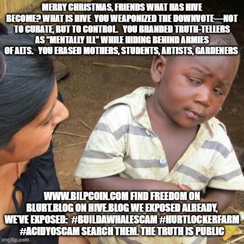 Third World Skeptical Kid Meme | MERRY CHRISTMAS, FRIENDS WHAT HAS HIVE BECOME? WHAT IS HIVE  YOU WEAPONIZED THE DOWNVOTE—NOT TO CURATE, BUT TO CONTROL.   YOU BRANDED TRUTH-TELLERS AS “MENTALLY ILL” WHILE HIDING BEHIND ARMIES OF ALTS.   YOU ERASED MOTHERS, STUDENTS, ARTISTS, GARDENERS; WWW.BILPCOIN.COM FIND FREEDOM ON BLURT.BLOG ON HIVE.BLOG WE EXPOSED ALREADY, WE’VE EXPOSED:  #BUILDAWHALESCAM #HURTLOCKERFARM #ACIDYOSCAM SEARCH THEM. THE TRUTH IS PUBLIC | image tagged in memes,third world skeptical kid | made w/ Imgflip meme maker