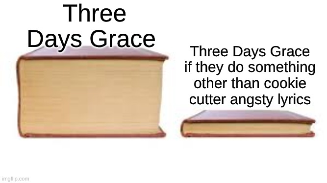 The most overrated rock band of the 2000s | Three Days Grace; Three Days Grace if they do something other than cookie cutter angsty lyrics | image tagged in big book small book,memes,rock music,heavy metal,music,edgy | made w/ Imgflip meme maker