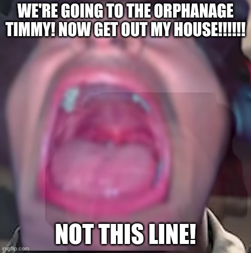 kingsammelot | WE'RE GOING TO THE ORPHANAGE TIMMY! NOW GET OUT MY HOUSE!!!!!! NOT THIS LINE! | image tagged in kingsammelot | made w/ Imgflip meme maker