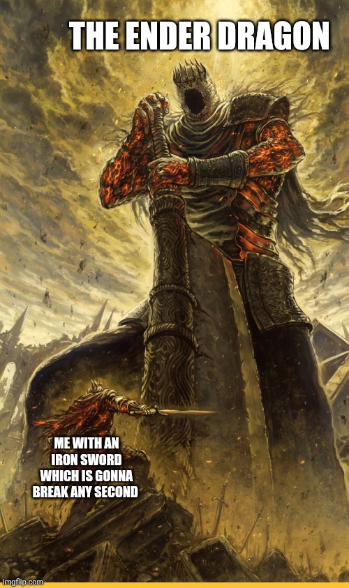 Minecraft joke | THE ENDER DRAGON; ME WITH AN IRON SWORD WHICH IS GONNA BREAK ANY SECOND | image tagged in fantasy painting | made w/ Imgflip meme maker