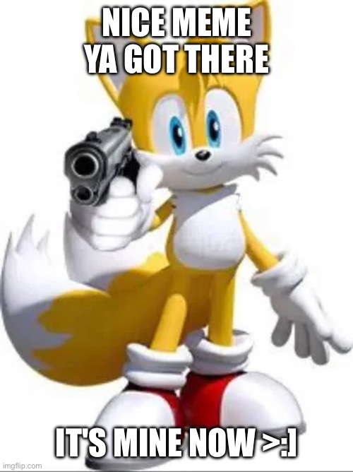 MY IMAGE NOW >:] | NICE MEME YA GOT THERE; IT'S MINE NOW >:] | image tagged in gun,tails the fox,meme stealing license | made w/ Imgflip meme maker