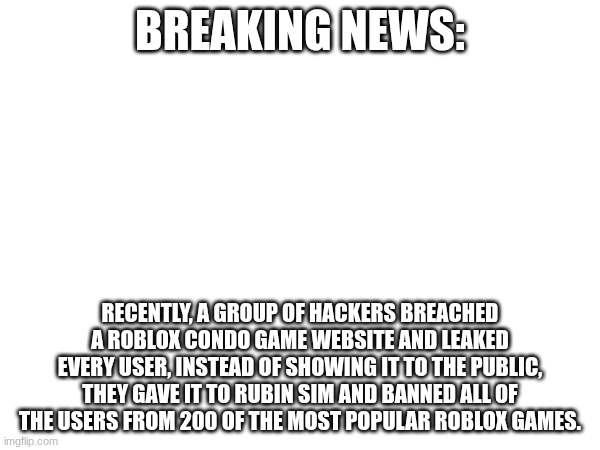 Basically the Roblox Epstien Files are real now | BREAKING NEWS:; RECENTLY, A GROUP OF HACKERS BREACHED A ROBLOX CONDO GAME WEBSITE AND LEAKED EVERY USER, INSTEAD OF SHOWING IT TO THE PUBLIC, THEY GAVE IT TO RUBIN SIM AND BANNED ALL OF THE USERS FROM 200 OF THE MOST POPULAR ROBLOX GAMES. | image tagged in rubin sim,roblox | made w/ Imgflip meme maker