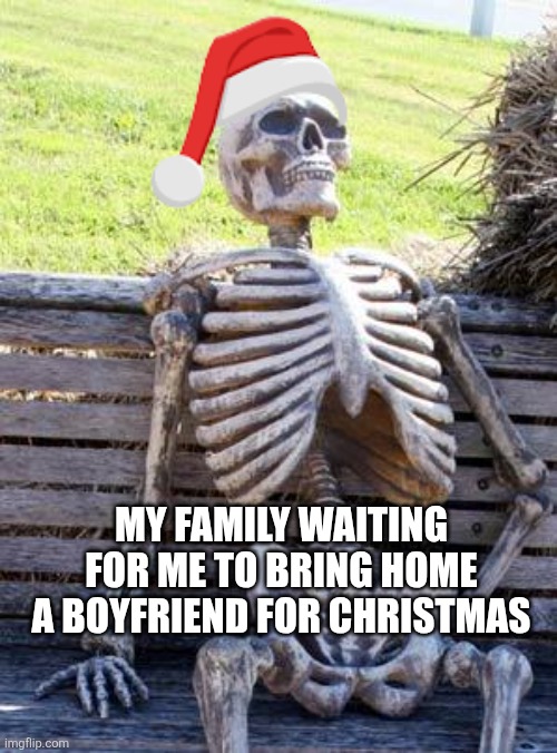 Waiting Skeleton Meme | MY FAMILY WAITING FOR ME TO BRING HOME A BOYFRIEND FOR CHRISTMAS | image tagged in memes,waiting skeleton,christmas,relationships,relatable memes,funny | made w/ Imgflip meme maker