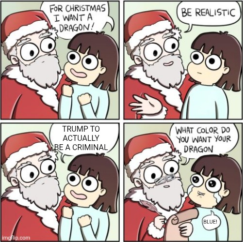 Democrats gonna be sad this Christmas morning | TRUMP TO ACTUALLY BE A CRIMINAL; BLUE! | image tagged in for christmas i want a dragon | made w/ Imgflip meme maker