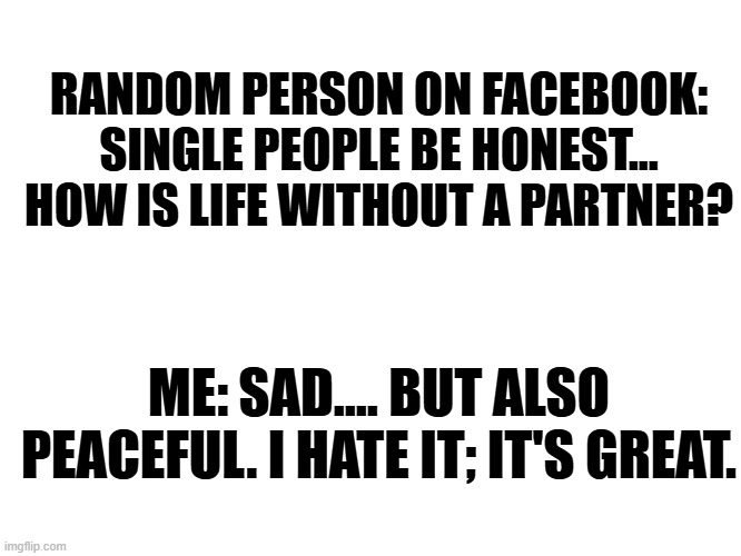 Single People | RANDOM PERSON ON FACEBOOK: SINGLE PEOPLE BE HONEST... HOW IS LIFE WITHOUT A PARTNER? ME: SAD.... BUT ALSO PEACEFUL. I HATE IT; IT'S GREAT. | image tagged in single people,living alone | made w/ Imgflip meme maker