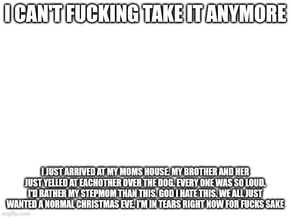 I CAN'T FUCKING TAKE IT ANYMORE; I JUST ARRIVED AT MY MOMS HOUSE. MY BROTHER AND HER JUST YELLED AT EACHOTHER OVER THE DOG. EVERY ONE WAS SO LOUD. I'D RATHER MY STEPMOM THAN THIS. GOD I HATE THIS. WE ALL JUST WANTED A NORMAL CHRISTMAS EVE. I'M IN TEARS RIGHT NOW FOR FUCKS SAKE | made w/ Imgflip meme maker