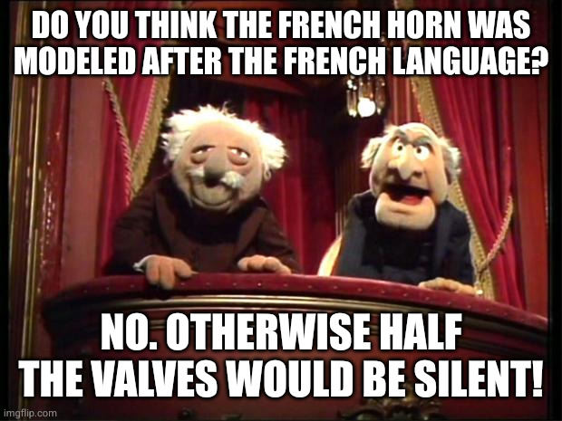 Just the offspring of a trumpet and a hunting horn | DO YOU THINK THE FRENCH HORN WAS
MODELED AFTER THE FRENCH LANGUAGE? NO. OTHERWISE HALF THE VALVES WOULD BE SILENT! | image tagged in statler and waldorf | made w/ Imgflip meme maker