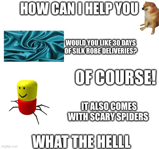 Average scam call center simulator dialogue | HOW CAN I HELP YOU; WOULD YOU LIKE 30 DAYS OF SILK ROBE DELIVERIES? OF COURSE! IT ALSO COMES WITH SCARY SPIDERS; WHAT THE HELLL | image tagged in roblox,scam game,dialogue | made w/ Imgflip meme maker