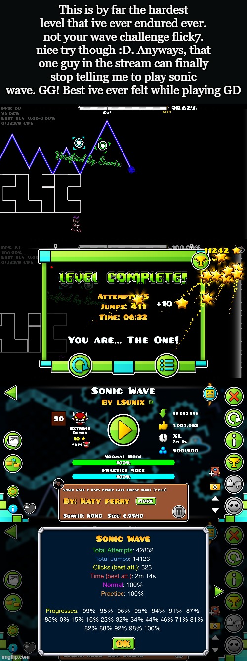GG! I CAN PLAY OTHER LEVELS FOR ONCE | This is by far the hardest level that ive ever endured ever. not your wave challenge flick7. nice try though :D. Anyways, that one guy in the stream can finally stop telling me to play sonic wave. GG! Best ive ever felt while playing GD | made w/ Imgflip meme maker