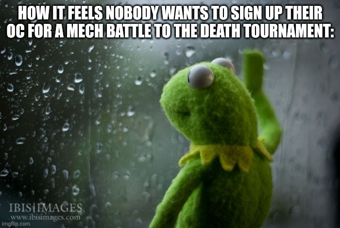 kermit window | HOW IT FEELS NOBODY WANTS TO SIGN UP THEIR OC FOR A MECH BATTLE TO THE DEATH TOURNAMENT: | image tagged in kermit window | made w/ Imgflip meme maker