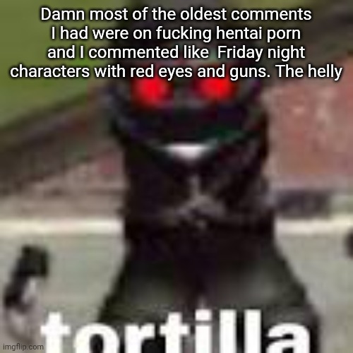 tortilla | Damn most of the oldest comments I had were on fucking hentai porn and I commented like  Friday night characters with red eyes and guns. The helly | image tagged in tortilla | made w/ Imgflip meme maker
