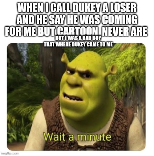 Shrek Wait a Minute | WHEN I CALL DUKEY A LOSER AND HE SAY HE WAS COMING FOR ME BUT CARTOON  NEVER ARE; BUT I WAS A BAD BOY THAT WHERE DUKEY CAME TO ME | image tagged in shrek wait a minute | made w/ Imgflip meme maker