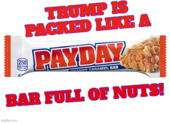 He's nuts | TRUMP IS PACKED LIKE A; BAR FULL OF NUTS! | image tagged in he's nuts,25th amemdment,non conpos mentis,friutcake,basketweaver,dump trump | made w/ Imgflip meme maker