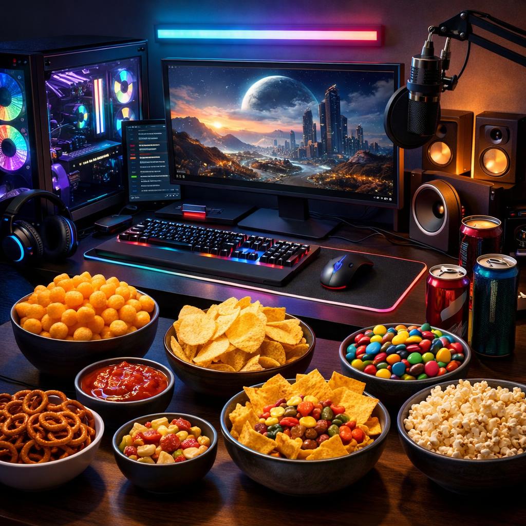 Computer desk with powerful PC with bowls of snacks. Blank Meme Template