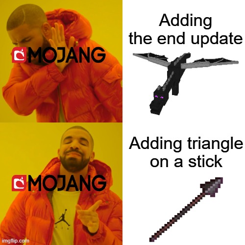 Mojang needs to do the end update | Adding the end update; Adding triangle on a stick | image tagged in memes,minecraft,mojang,funny,relatable,gaming | made w/ Imgflip meme maker