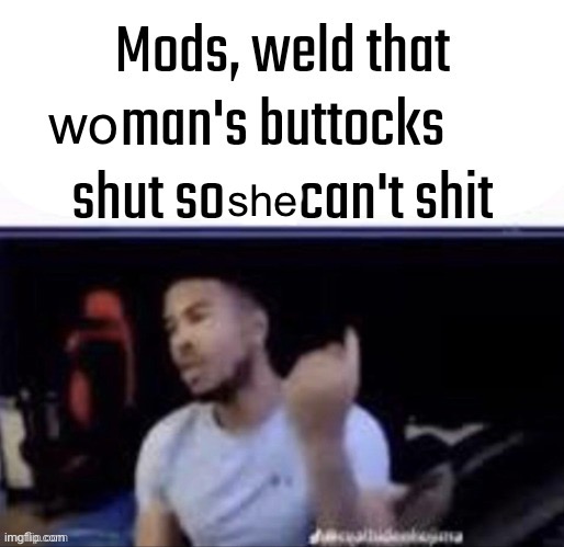 Mods, weld that man's buttocks shut so he can't shit | wo she | image tagged in mods weld that man's buttocks shut so he can't shit | made w/ Imgflip meme maker