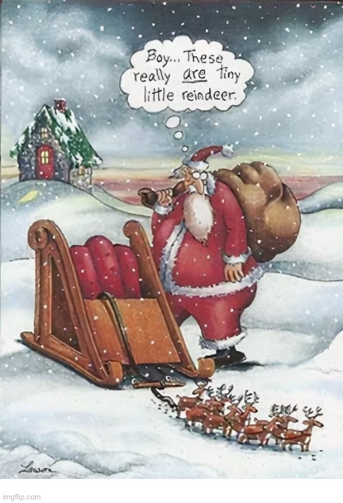 They must’ve shrunk somehow… | image tagged in the far side,comics,santa claus,sleigh,reindeer,8 tiny | made w/ Imgflip meme maker