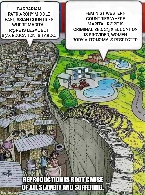 Third world countries feminism meme | FEMINIST WESTERN COUNTRIES WHERE MARITAL R@PE IS CRIMINALIZED, S@X EDUCATION IS PROVIDED, WOMEN BODY AUTONOMY IS RESPECTED. BARBARIAN PATRIARCHY MIDDLE EAST, ASIAN COUNTRIES WHERE MARITAL R@PE IS LEGAL BUT S@X EDUCATION IS TABOO. REPRODUCTION IS ROOT CAUSE OF ALL SLAVERY AND SUFFERING. | image tagged in poor vs rich,prolife,patriarchy,i need feminism because,feminism is cancer | made w/ Imgflip meme maker