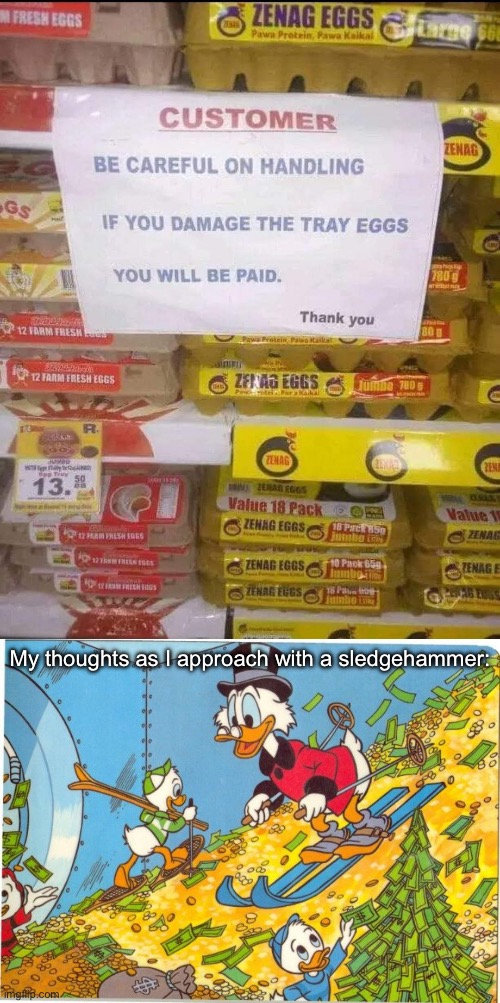 How to make money | My thoughts as I approach with a sledgehammer: | image tagged in scrooge mcduck skiing on money,money,you guys are getting paid,eggs,smash | made w/ Imgflip meme maker